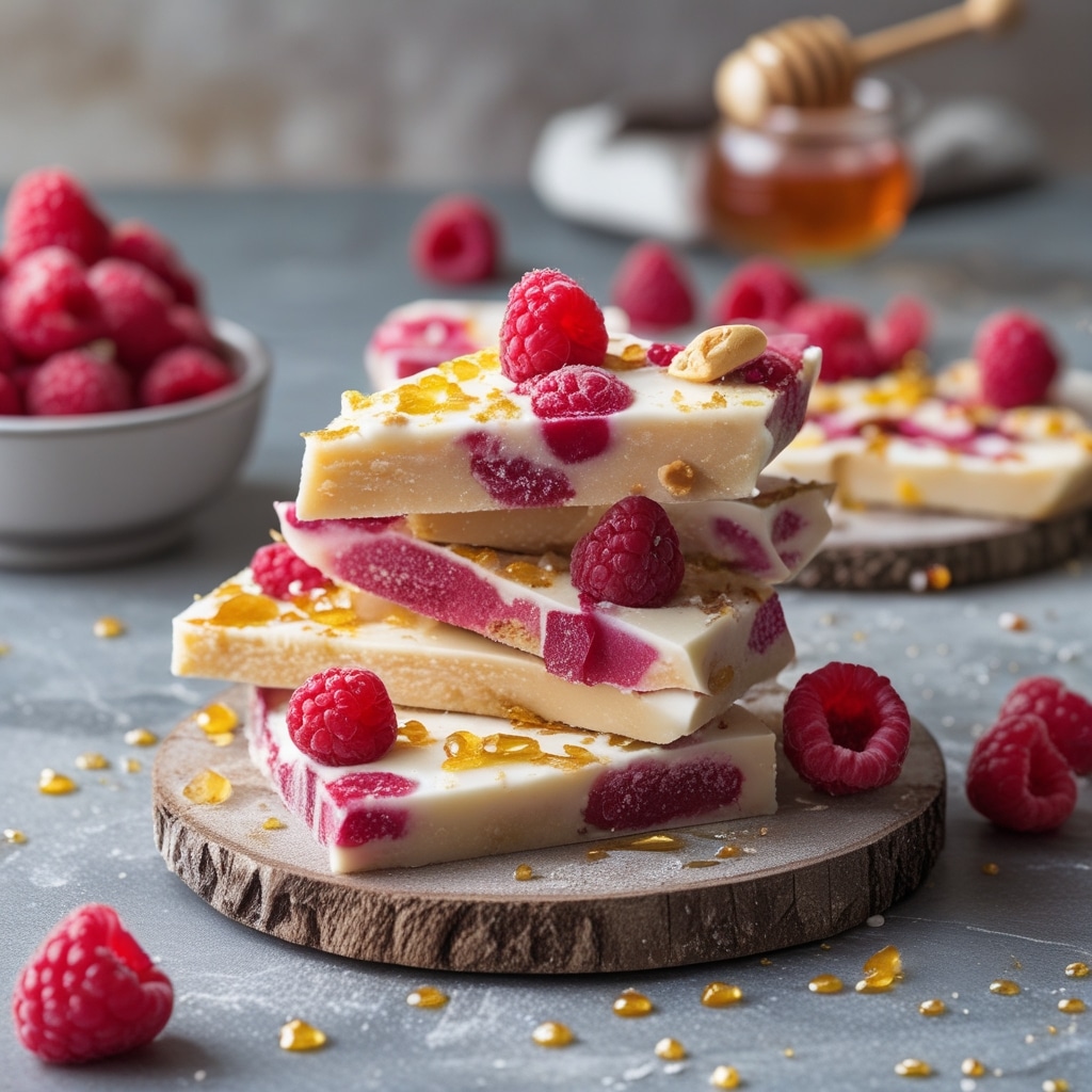 Honey Vanilla and Raspberry Frozen Yogurt Bark