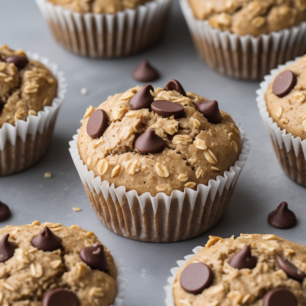 Healthy Peanut Butter Banana Greek Yogurt Oat Muffins with Chocolate Chip Centers