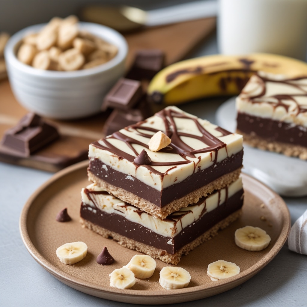 High Protein Greek Yogurt Banana Chocolate Fudge Bars with Peanut Butter Swirl
