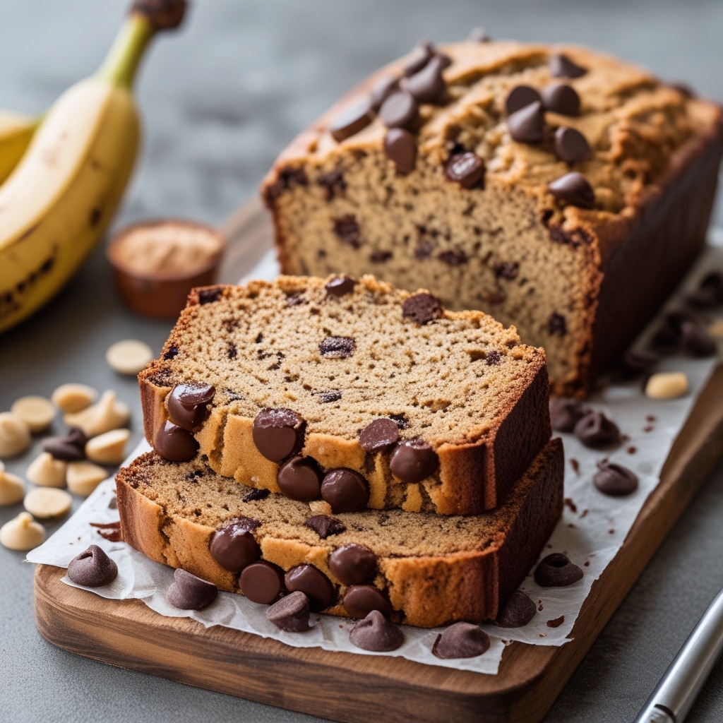 High Protein Triple Peanut Butter Banana Bread with Chocolate Chip Layers Slices