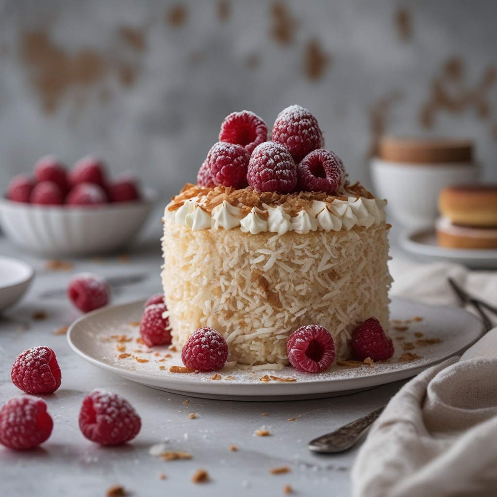 Raspberry Surprise Coconut Snowball Cake
