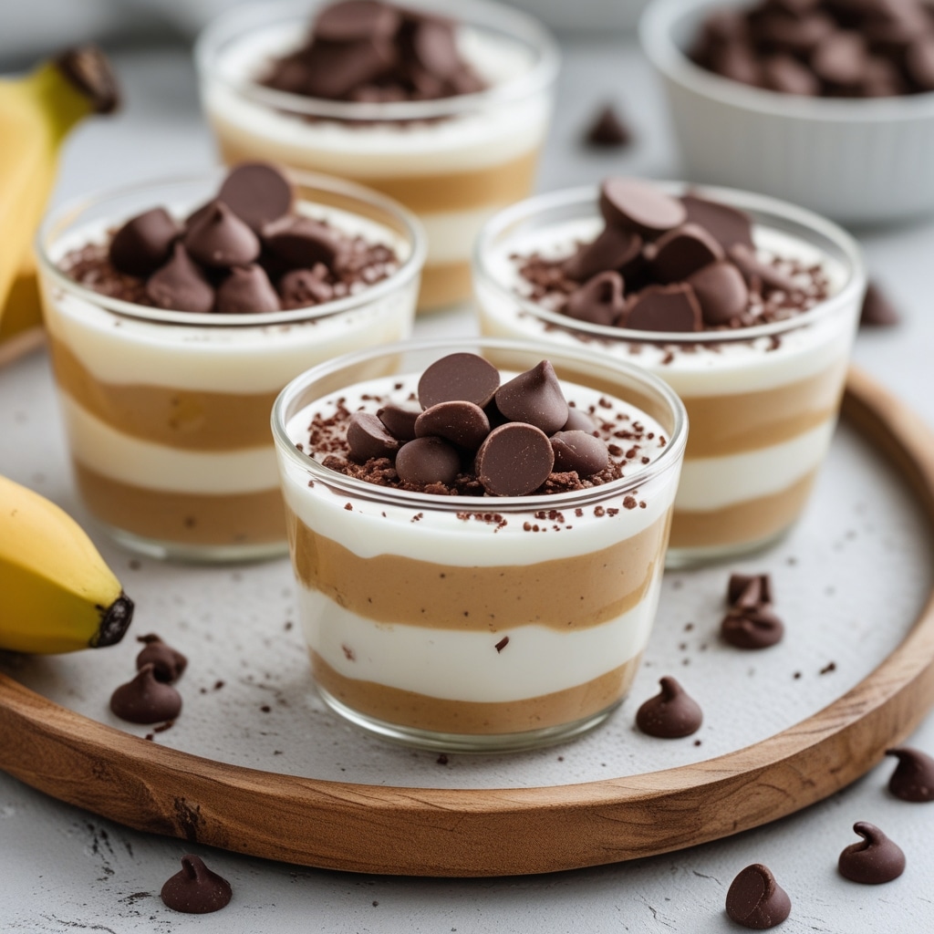 Healthy Banana Peanut Butter Greek Yogurt Pudding Cups with Chocolate Chip Tops