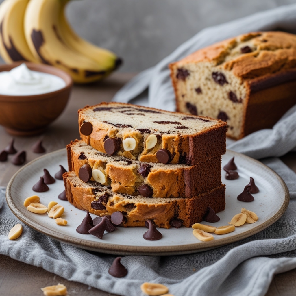 Soft Peanut Butter Greek Yogurt Banana Bread with Dark Chocolate Chip Layers