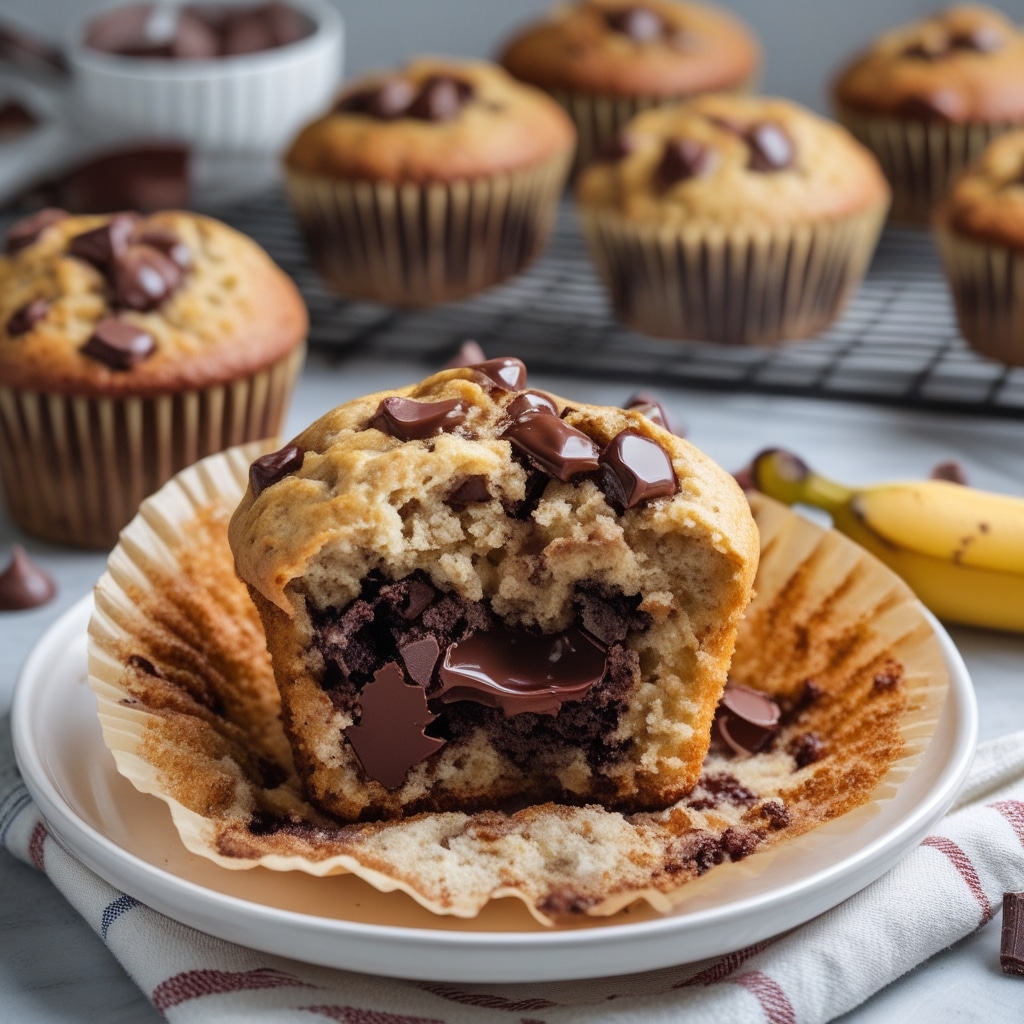 Thick Greek Yogurt Banana Chocolate Chunk Muffins with Melty Chocolate Core