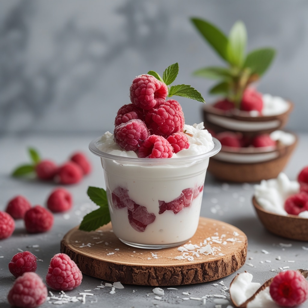 Frozen Raspberries & Coconut Greek Yogurt Cups
