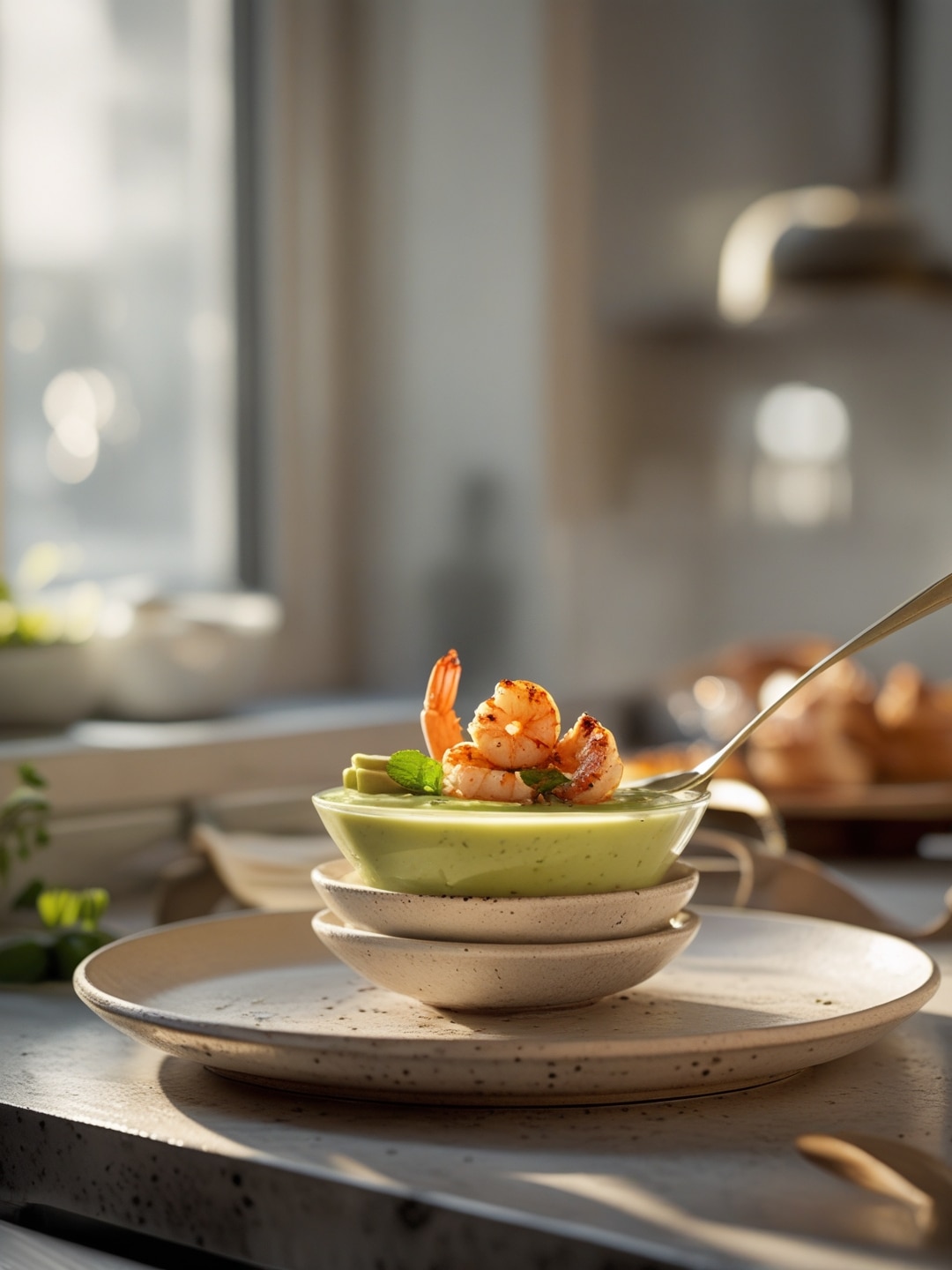 Chilled Avocado Soup with Grilled Shrimp