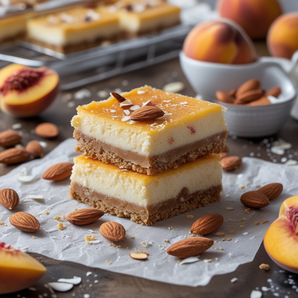 High Protein Peach Almond Cheesecake Bars