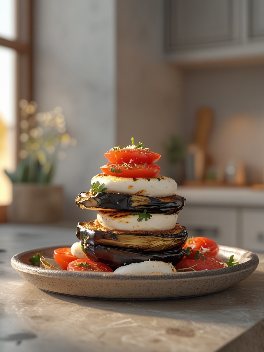 Grilled Eggplant with Tomato and Mozzarella